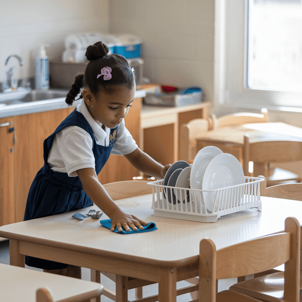 A student wiping down a table after snack time