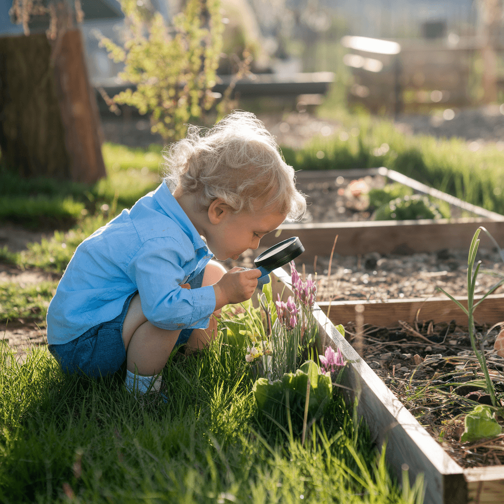 A child crouching in the grass, examining a plant with a magnifying glass